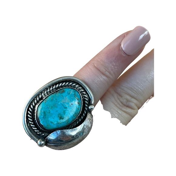 Vintage Blue Turquoise Leaf Sterling Silver Native American Navajo Ring Sz 4.5 - Picture 9 of 10